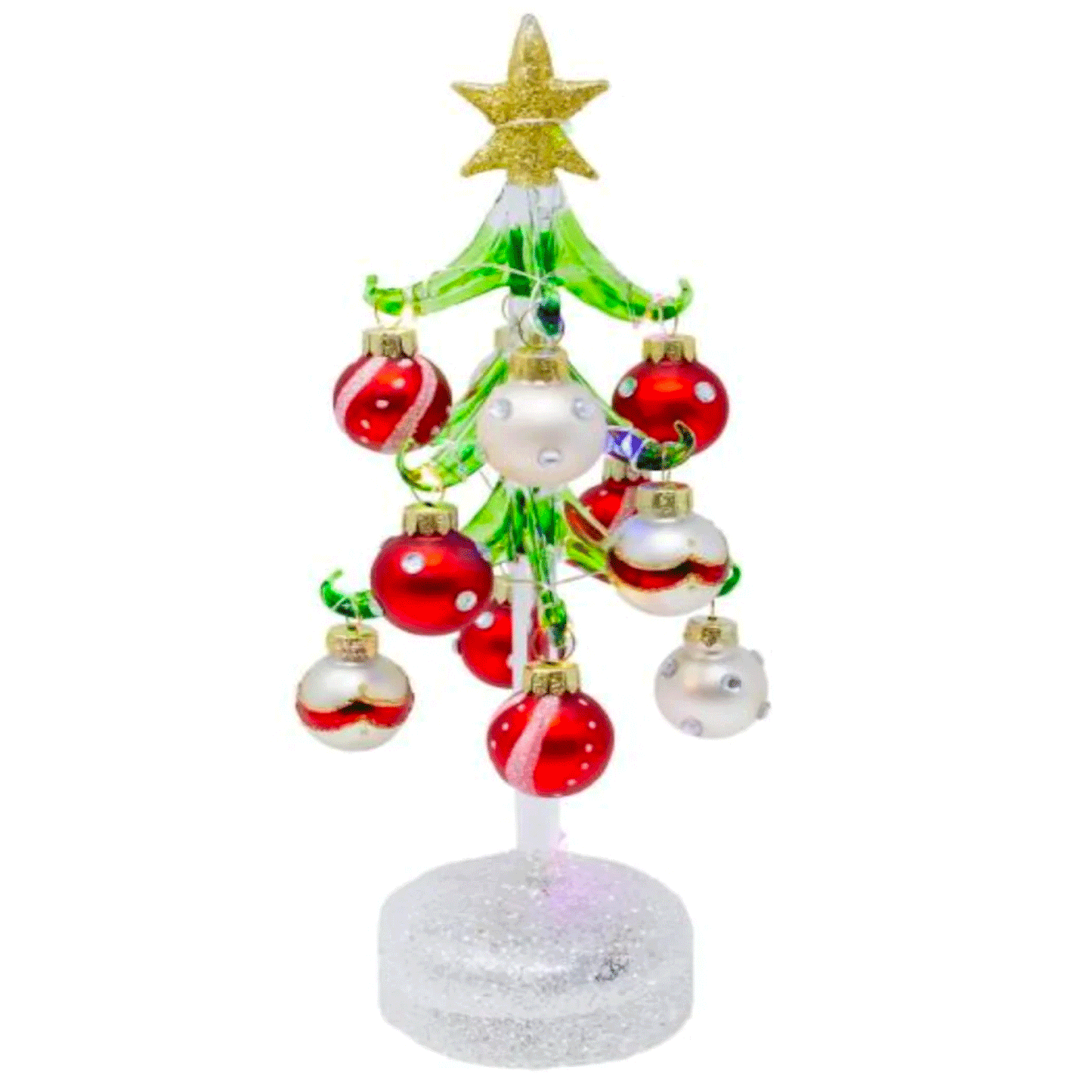 Glass LED Tree 10 inch with Red and White Ornaments