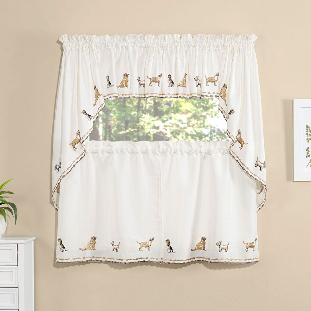 Dogs Embroidered Tier, Valance and Swag Curtains