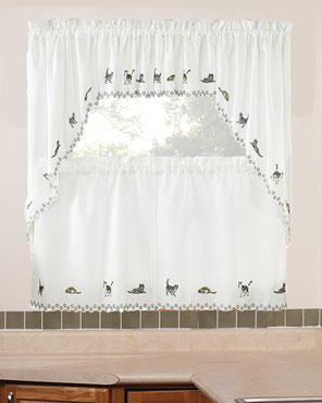 Cats Embroidered Kitchen Valance, Swags, and Tier Curtains hanging on curtain rods