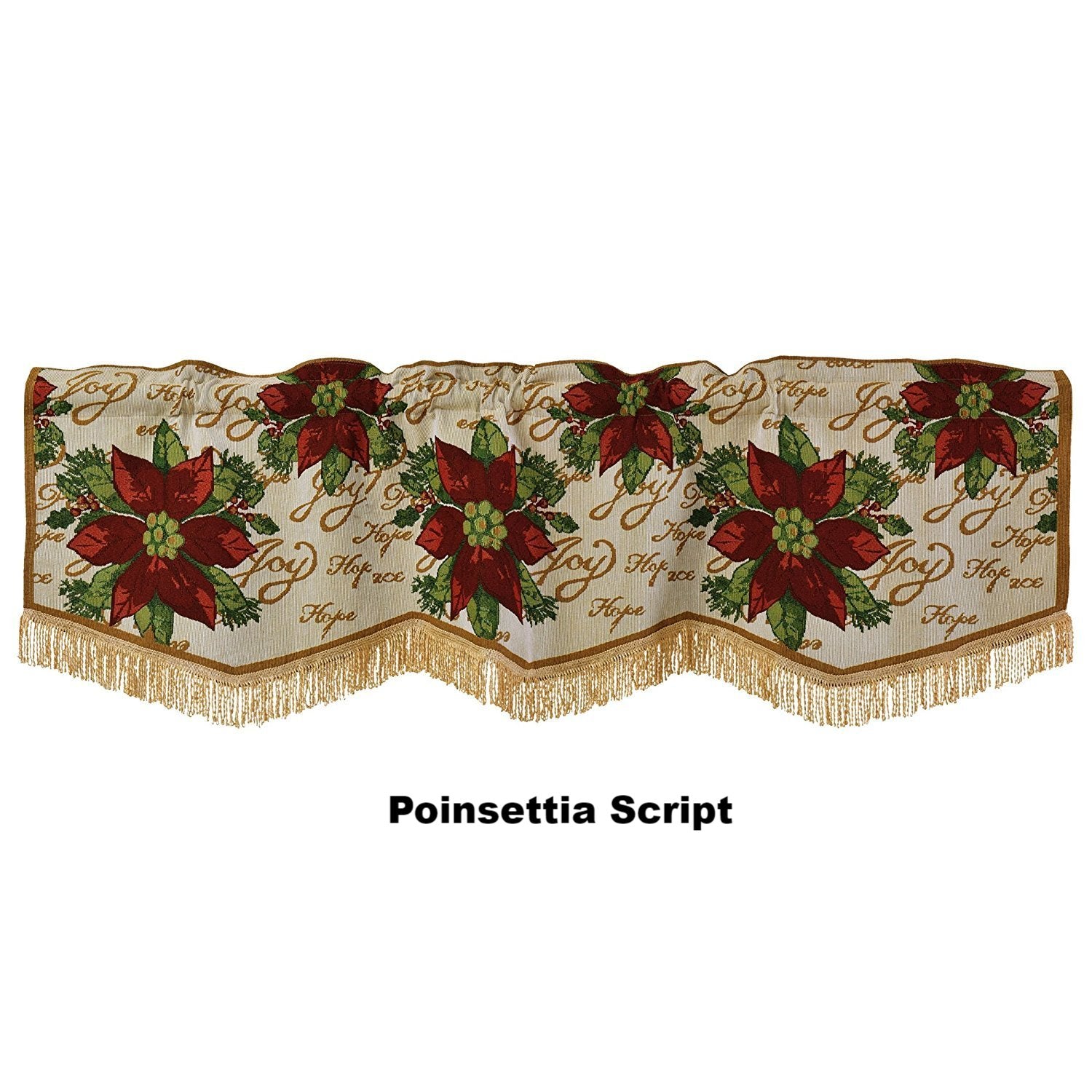 Violet Linen Decorative Christmas Tapestry Window Valance Poinsettias Script-Zoom