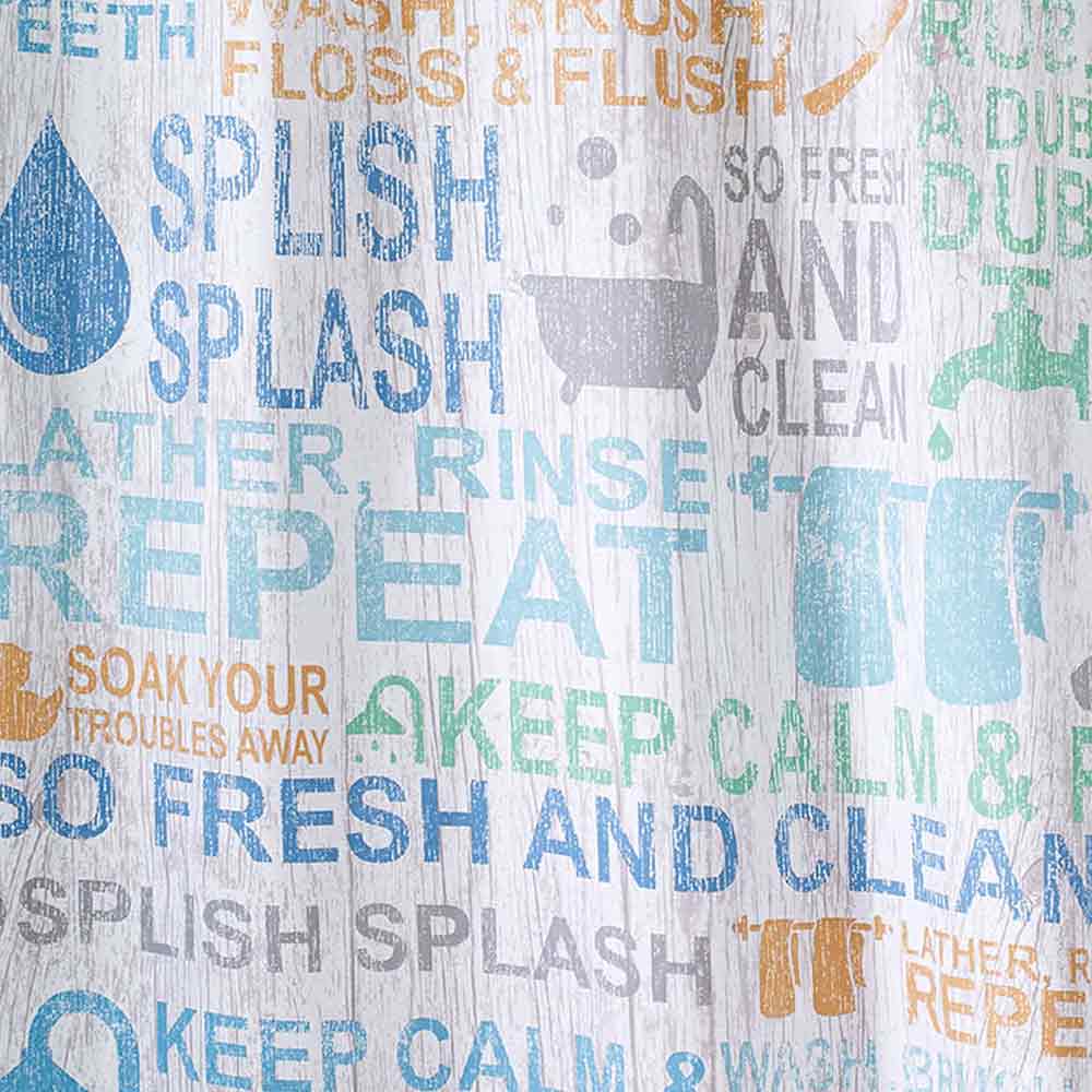 Close up shot of Multi Bath Words Fabric Shower Curtain fabric