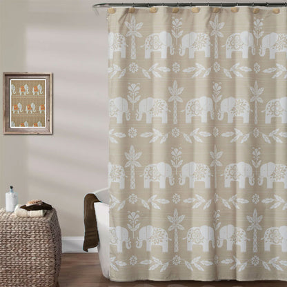 Natural Elephant Walk Fabric Shower Curtain hanging on a shower curtain rod