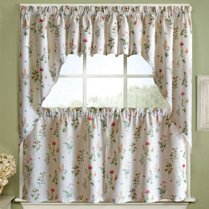 Multi English Garden Kitchen Valance and Tier Curtains hanging on a curtain rod 