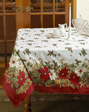 Euro Seasonal Blossom Fabric Tablecloth on a oblong table