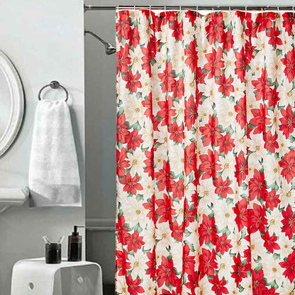 Red Seasonal Floral Poinsettia Fabric Shower Curtain hanging on a shower rod