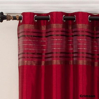 close up shot of Crimson Fiesta Faux Silk Grommet Top Panel fabric and grommets