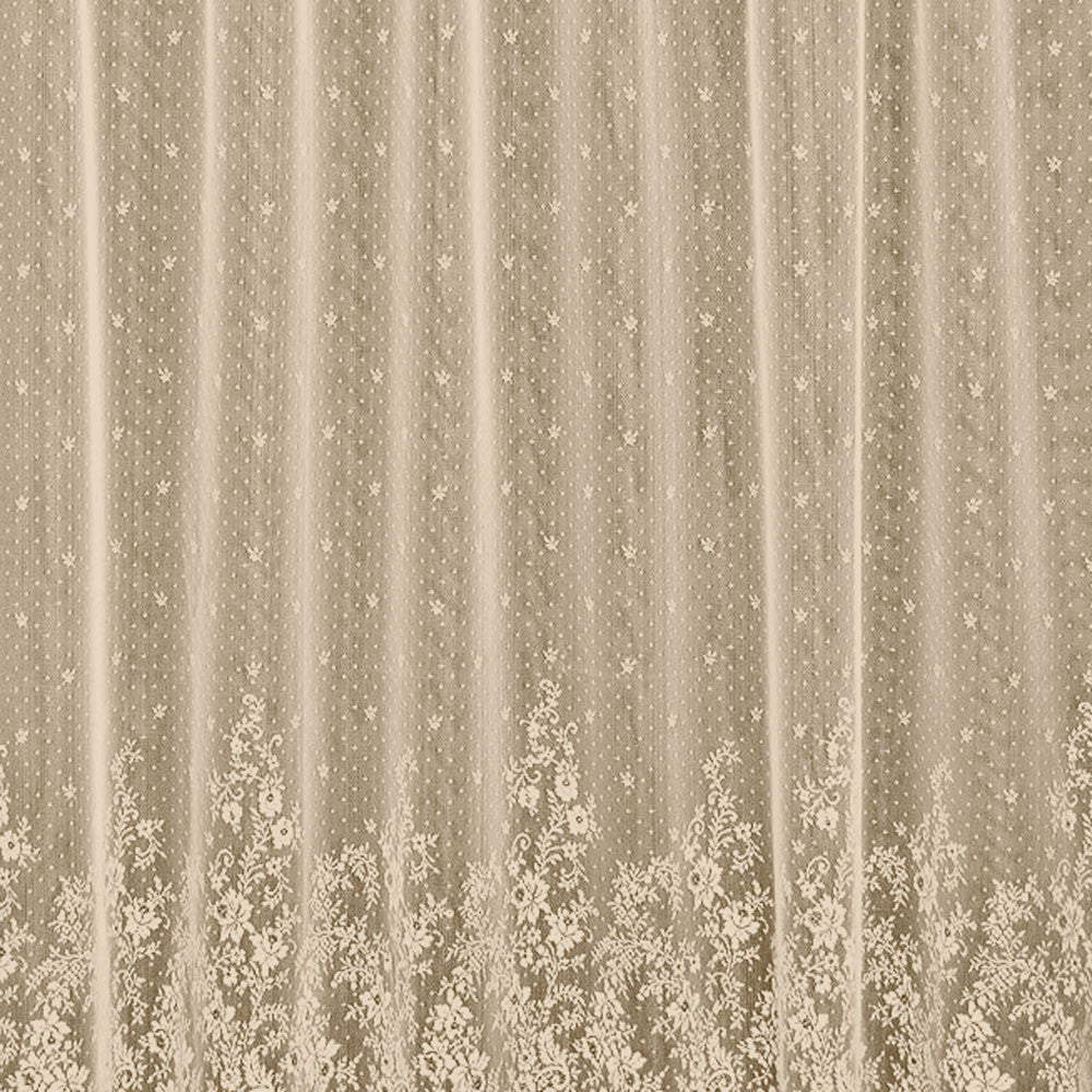 Closeup of Ecru Floret Lace Curtain and Valance fabric