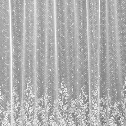 Closeup of White Floret Lace Curtain and Valance fabric