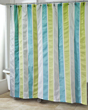 Multi Freeport Fabric Shower Curtain hanging on a shower curtain rod