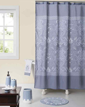 Blue Gallerie Collection Cherie Fabric Shower Curtain hanging on a shower curtain rod