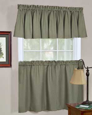 Moss Glasgow Tier Valance and Swag hanging on a curtain rod