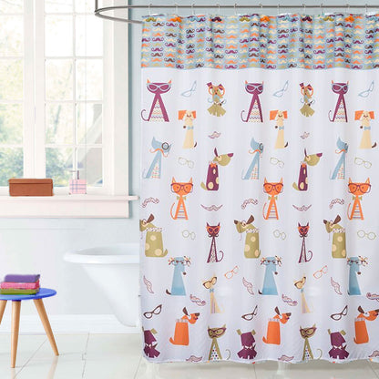Multi Hipster Paws Fabric Shower Curtain hanging on a shower curtain rod