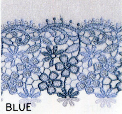 Up close shot of Blue Lillian Macramé Band Fabric Shower Curtain fabric