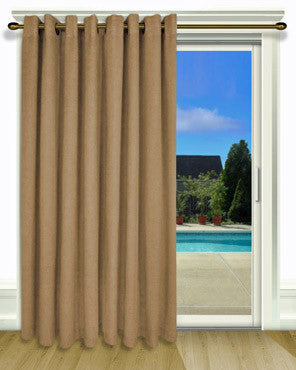 Toffee New Castle Grommet Top Patio Panel hanging on a decorative curtain rod