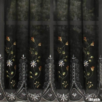 Closeup of Black Samantha Embroidered Sheer Tier Curtains fabric
