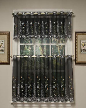 Black Samantha Embroidered Sheer Kitchen Valance and Tier Curtains hanging on a curtain rod