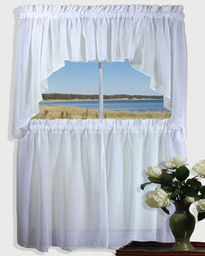 White Sea Glass Kitchen Valance, Swags, and Tier Curtains hanging on a curtain rod