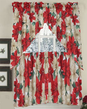 Euro Seasonal Floral Poinsettia Kitchen Valance and Tier Curtain Set hanging on a curtain rod