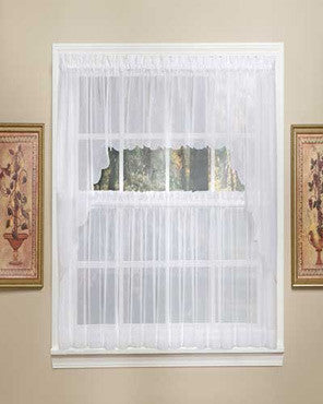 White Sheer Voile Kitchen Valance, Swags and Tier Curtains hanging on a curtain rod