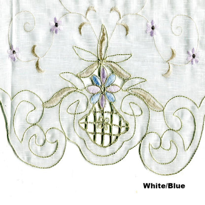 Closeup of White and Blue Sunshine Semi Sheer Embroidery Kitchen Valance fabric