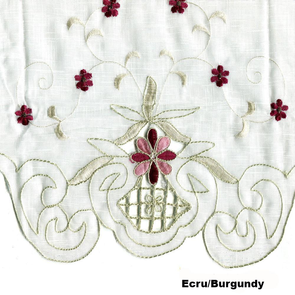 Closeup of Burgundy Sunshine Semi Sheer Embroidery Kitchen Valance fabric