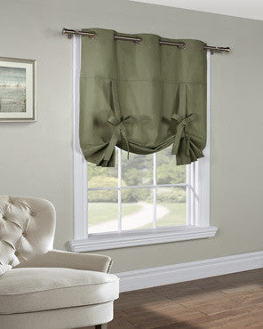 Sage Thermalogic Weathermate Tie-Up Shade hanging on a decorative rod 