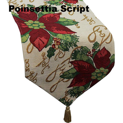 close up shot of Christmas Tapestry 70" Tablerunners poinsettia script