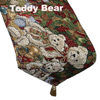 close up shot of Christmas Tapestry 70" Tablerunners teddy bear