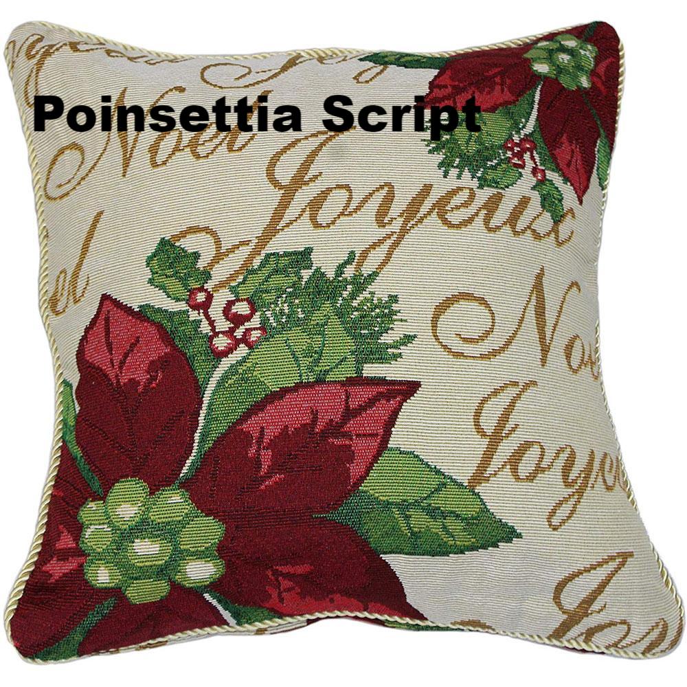 close up shot of Christmas Tapestry 18"x 18" Throw Pillow Covers poinsettia script