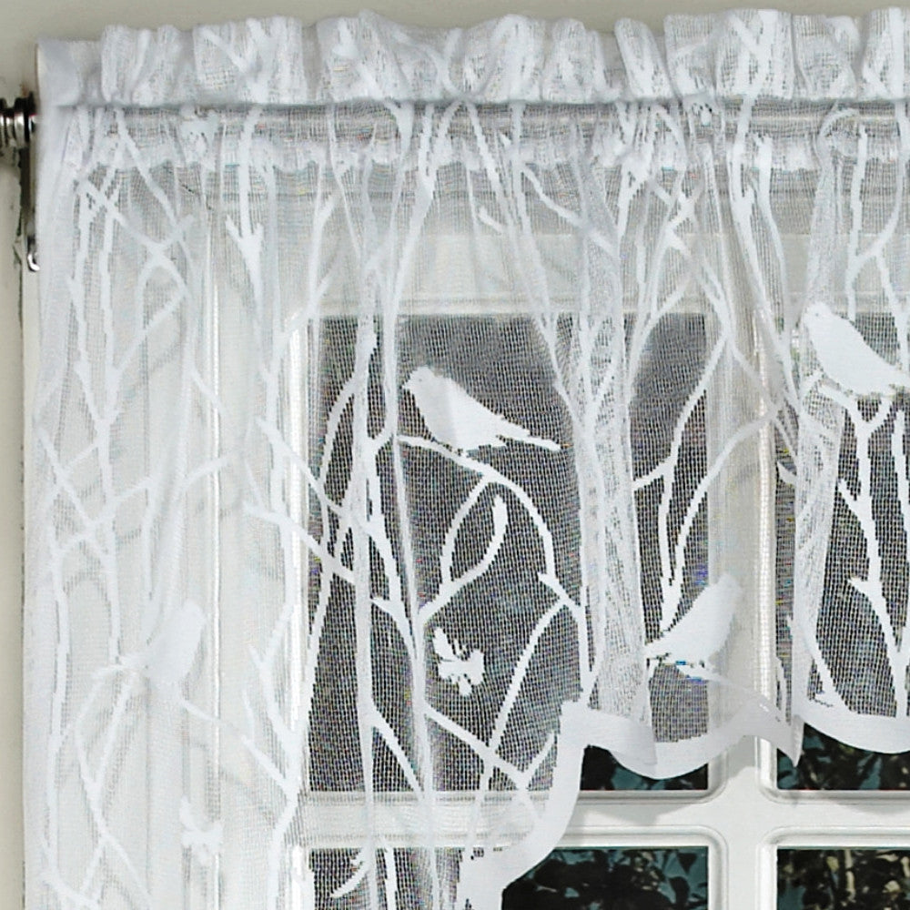 Closeup of White Songbird Lace Kitchen Valance, Swags, and Tier Curtains lace
