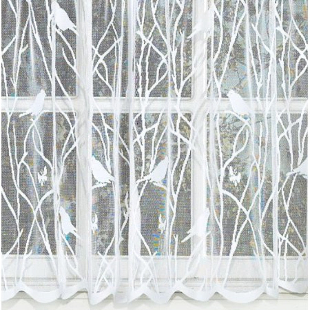 Closeup of White Songbird Lace Kitchen Valance, Swags, and Tier Curtains fabric